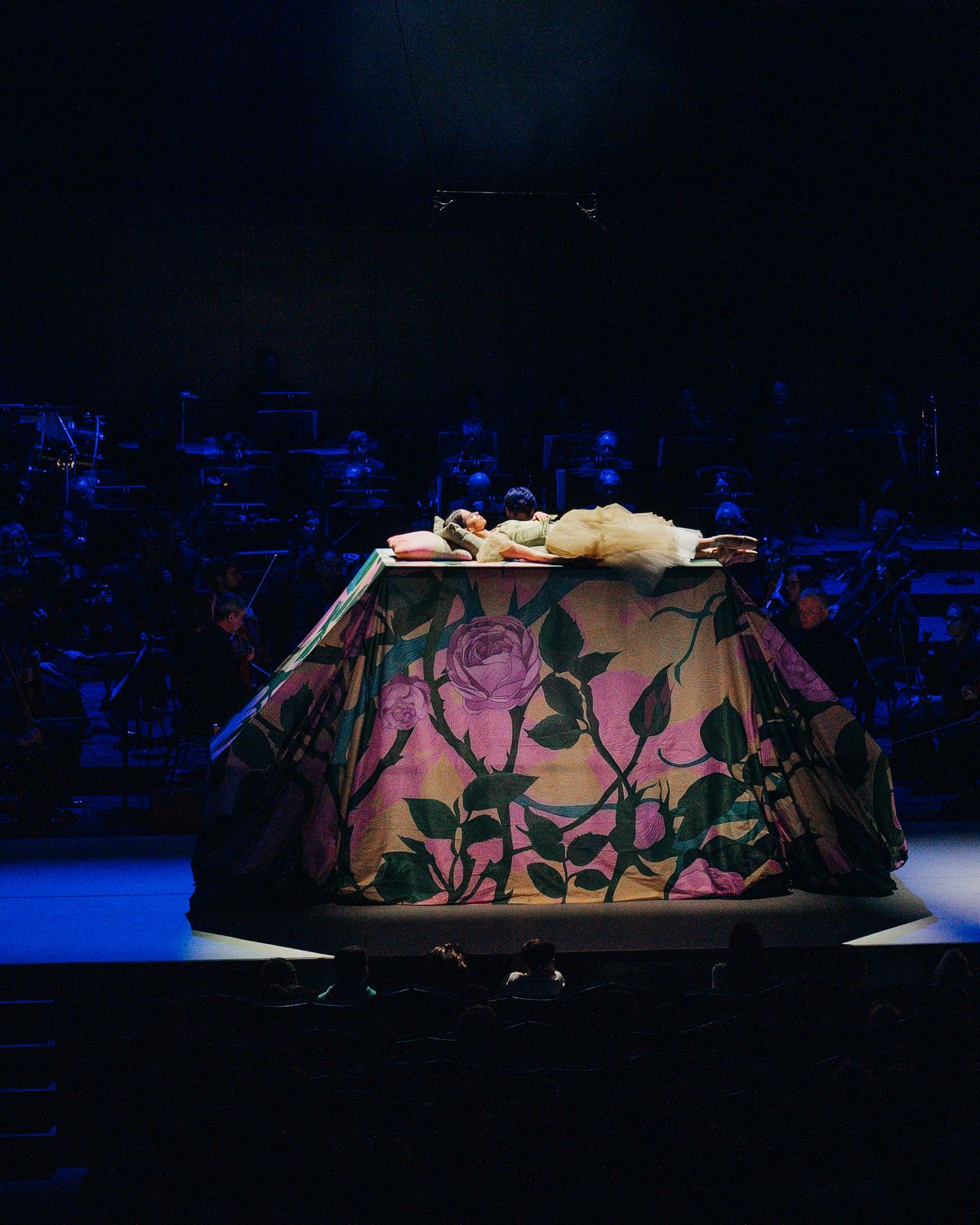 A tent covered in painted roses stands in blue light in front of the orchestra.