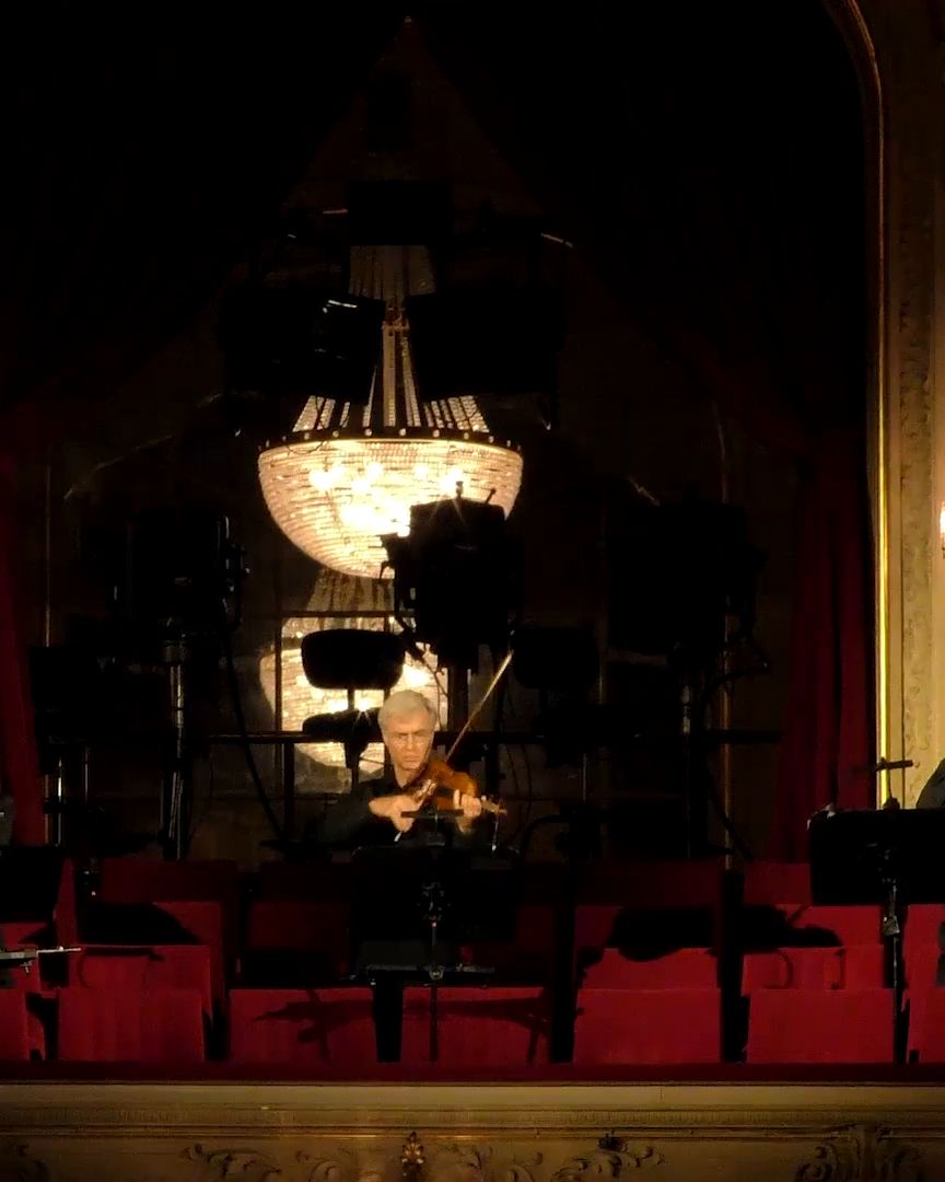 A violinist under a crystal chandelier between red velvet seats.