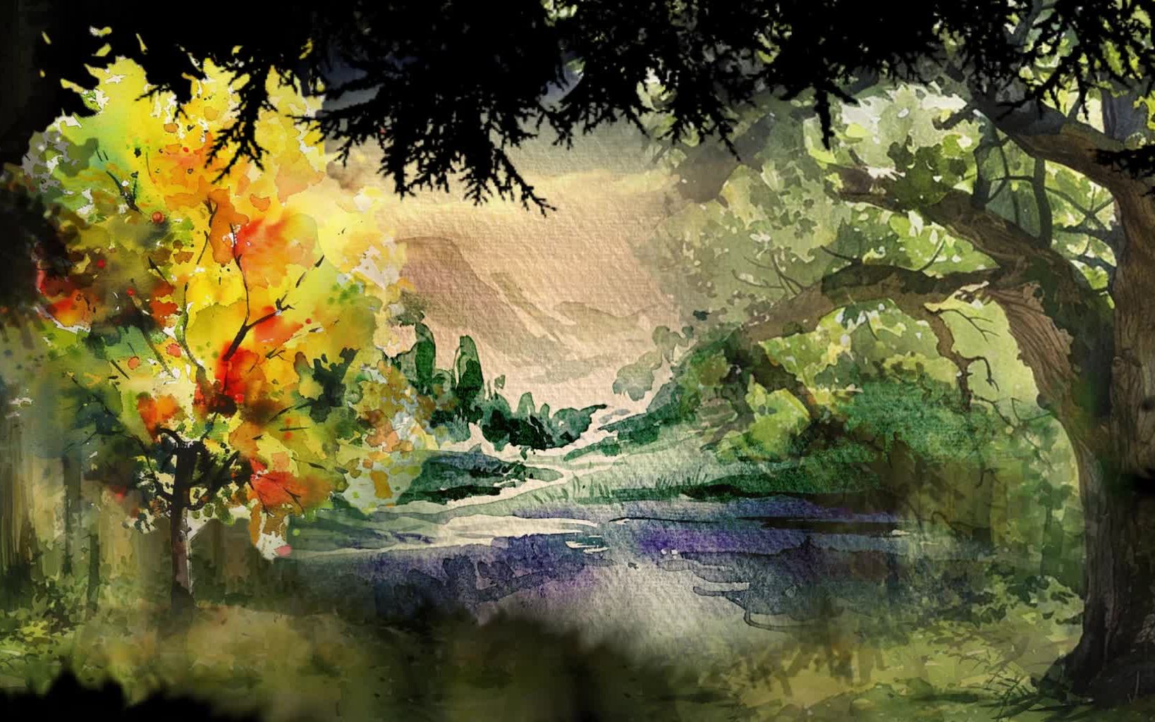 Video projection: a watercolour forest with an autumn tree by the water.