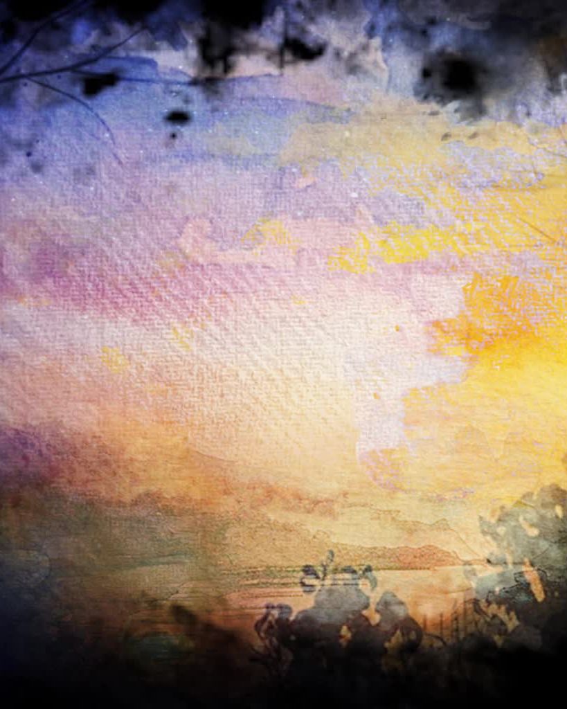 Video projection: a golden sunset over water.