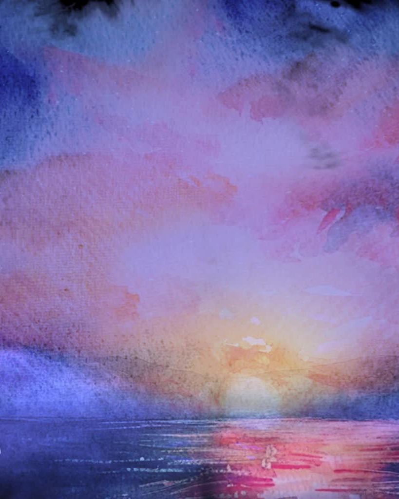 Video projection: pink and violet clouds at sunrise over the sea.