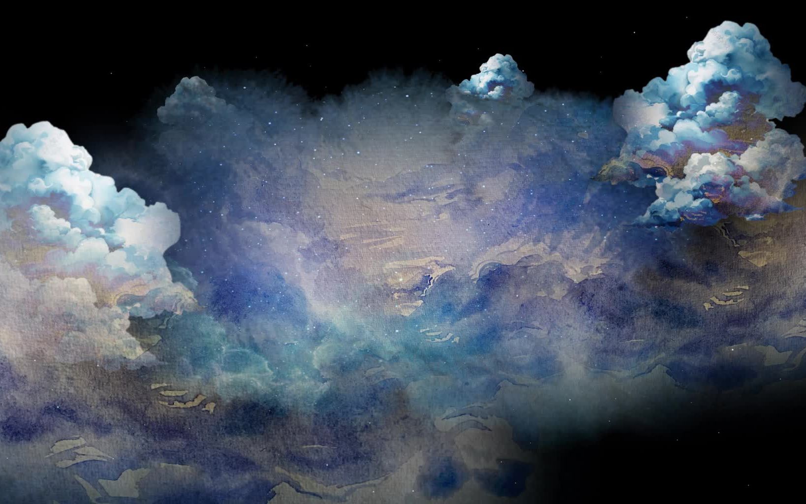 Video projection: bright clouds seen from among the treetops.