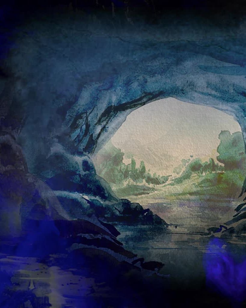 Video projection: the glowing exit of a blue-lit cave.