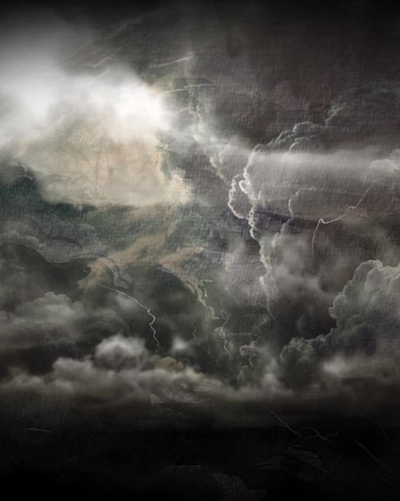 Video projection: dark storm clouds with lightning.